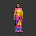 Traditional Indian Woman Wearing Yellow Pink Saree With Blue Border On Grey Background