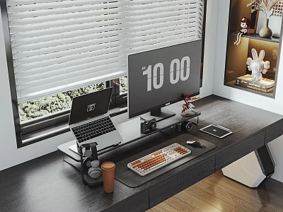 Modern Desk Computer Workstation with Monitor Laptop Keyboard Mouse and Coffee Cup by Window 3d model