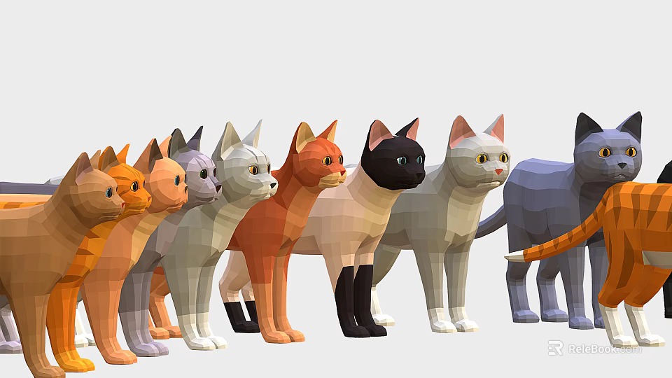 Colorful Low Poly Cat Models Standing in a Row with Various Hues 3d model 
