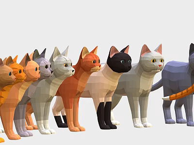 Colorful Low Poly Cat Models Standing in a Row with Various Hues 3d model