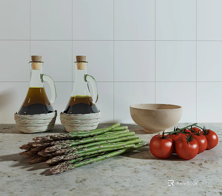 Fresh Asparagus and Tomatoes with Olive Oil Bottles on Marble Countertop and White Tiled Wall 3d model 