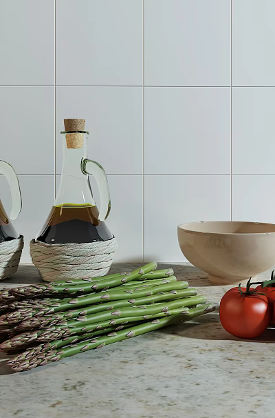 Fresh Asparagus and Tomatoes with Olive Oil Bottles on Marble Countertop and White Tiled Wall 3d model