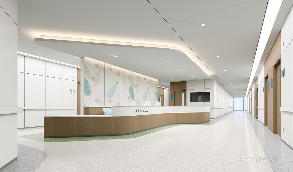 Hospital Outpatient Clinic Lobby with White Walls Wood Reception Desk Green Decorations Spacious and Bright 3d model 