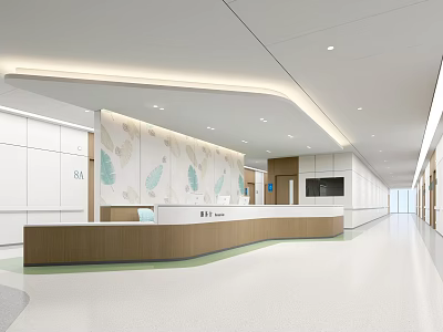 Hospital Outpatient Clinic Lobby with White Walls Wood Reception Desk Green Decorations Spacious and Bright 3d model