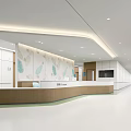 Hospital Outpatient Clinic Lobby with White Walls Wood Reception Desk Green Decorations Spacious and Bright