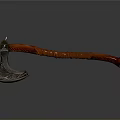 Ancient Battle Axe With Intricate Metal Head And Carved Wooden Handle