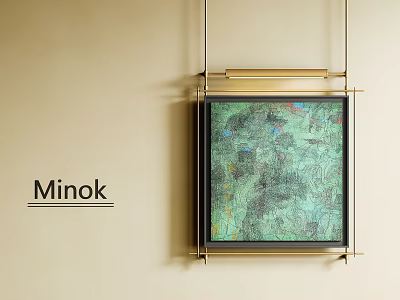Minok Abstract Painting With Golden Frame Green Tones Colorful Accents Hanging On Wall 3d model