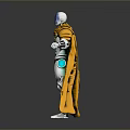 Futuristic Sci Fi Character With Blue Head Silver Armor Yellow Cape And Blue Energy Orbs