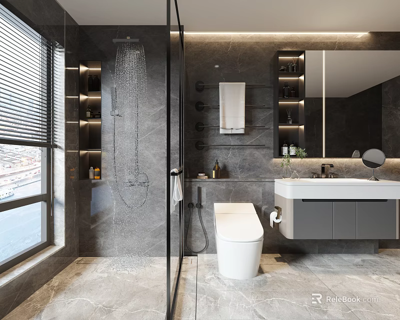 Modern Bathroom Interior With Gray Marble Glass Shower White Toilet Vanity Mirror Cabinet And Lighting 3d model 