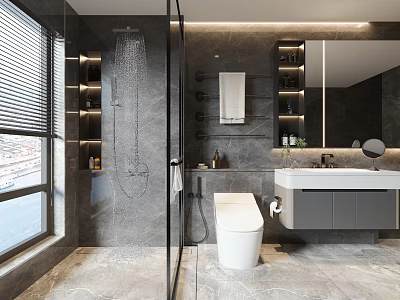 Modern Bathroom Interior With Gray Marble Glass Shower White Toilet Vanity Mirror Cabinet And Lighting 3d model