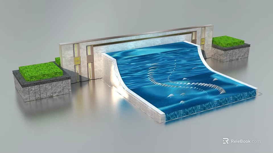Decorative Garden Water Feature With Flowing Water Stone Wall And Green Grass 3d model 