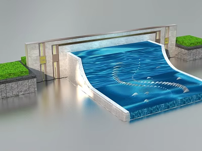 Decorative Garden Water Feature With Flowing Water Stone Wall And Green Grass 3d model