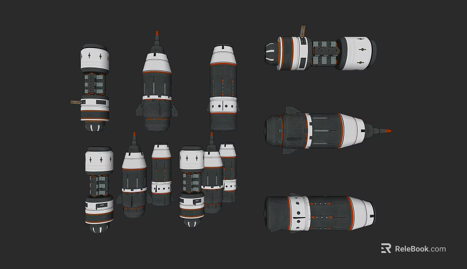 Various Rocket And Spacecraft Models In White Black Orange Colors With Different Sizes 3d model