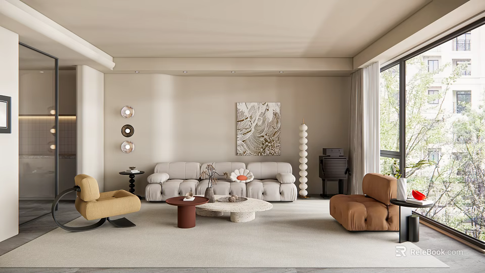 Modern Living Room Interior With Light Gray Sofa Yellow Rocking Chair And Wall Painting 3d model 