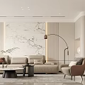 Elegant Modern Living Dining Room Interior With Beige Sofa Marble Wall And Floor Lamp
