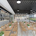 Restaurant Interior Design with Wooden Tables Chairs Grid Ceiling Counter Windows and Green Plants