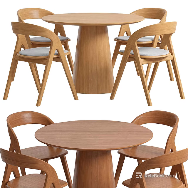 Wooden Round Dining Table Set with Four Curved Back Chairs Modern Home Design 3d model 