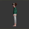 Barefoot Human Character In Green Sweater Red Scarf With Headphones And Gray Pants