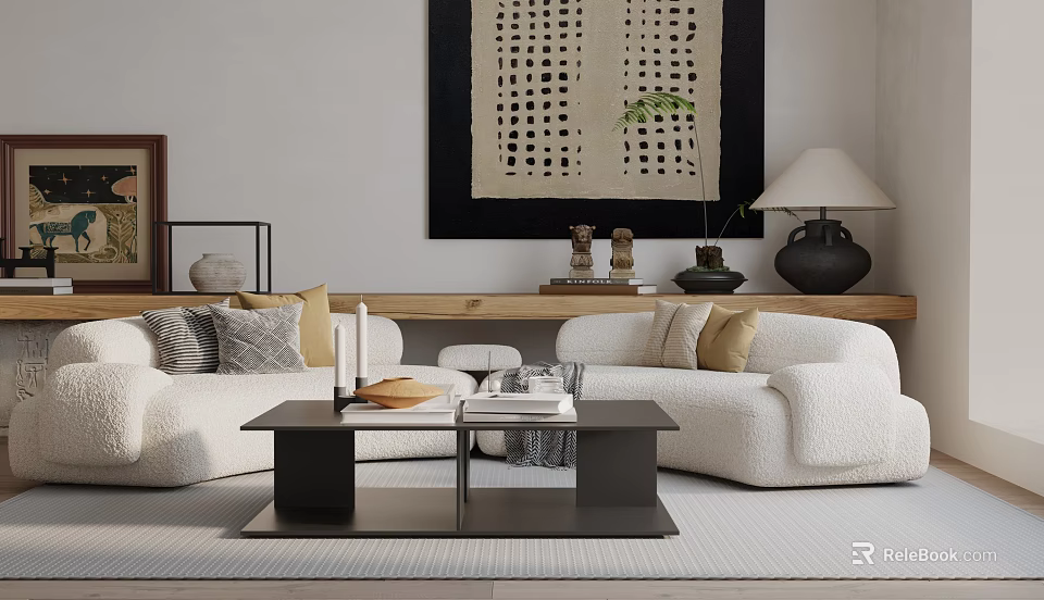 Three Seater Sofa In Modern Living Room With Coffee Table Wall Art And Decor Items 3d model 