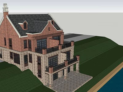 Semi Detached Villa With Red Brick Exterior Black Roof Balcony And Green Lawn Driveway 3d model