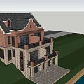 Semi Detached Villa With Red Brick Exterior Black Roof Balcony And Green Lawn Driveway