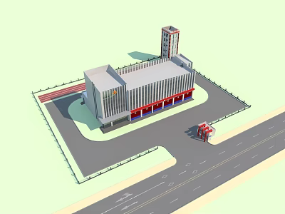 Modern Fire Station Building With Tower Entrance Gate And Surrounding Road 3d model
