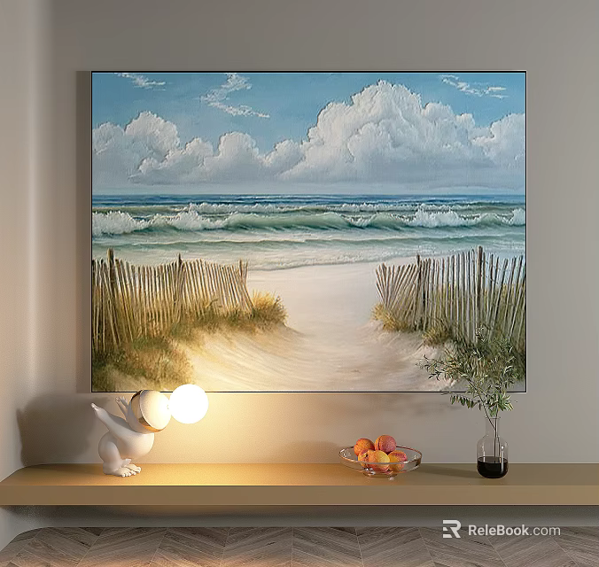 Beach Landscape Painting With Rolling Waves Wooden Fence Sand Dunes Blue Sky And White Clouds 3d model 