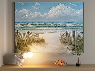 Beach Landscape Painting With Rolling Waves Wooden Fence Sand Dunes Blue Sky And White Clouds 3d model