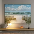 Beach Landscape Painting With Rolling Waves Wooden Fence Sand Dunes Blue Sky And White Clouds