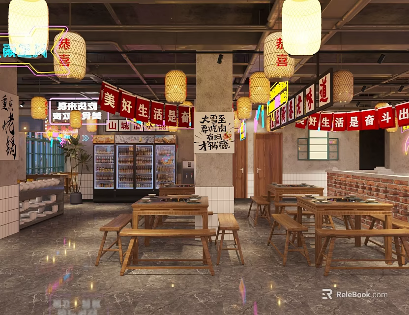 Traditional Hot Pot Restaurant Interior With Hanging Lanterns Wooden Tables And Red Banners 3d model 