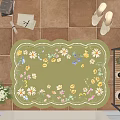 Green Decorative Rug With Floral Pattern And Scalloped Edge For Home Living Room