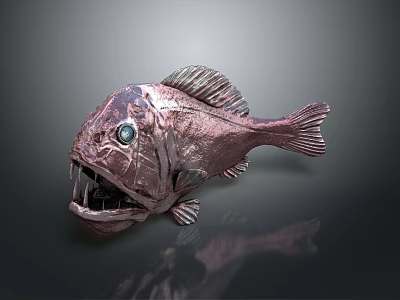 Metallic Purple Fish With Large Eyes Open Mouth And Dark Background Reflection 3d model