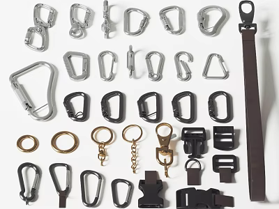 Assorted Metal Carabiners Buckles Hooks D Rings And Leather Strap Hardware 3d model