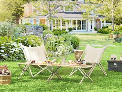 Serene Courtyard Garden Featuring Green Lawn Folding Chairs Table Fruits Drinks And Colorful Flowers 3d model
