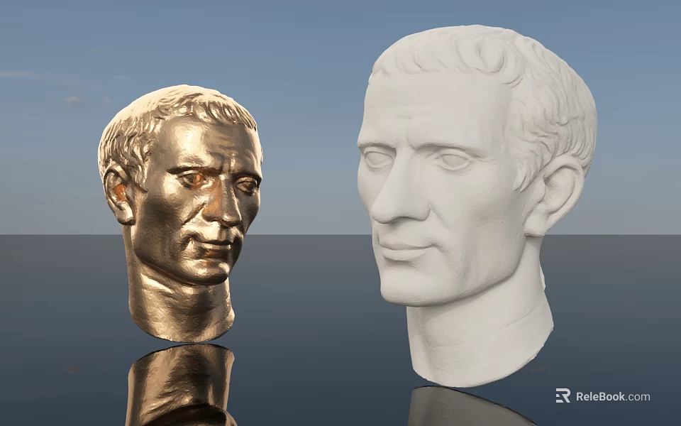 Golden And White Human Head Sculpture Carving With Reflections Against Blue Sky 3d model 
