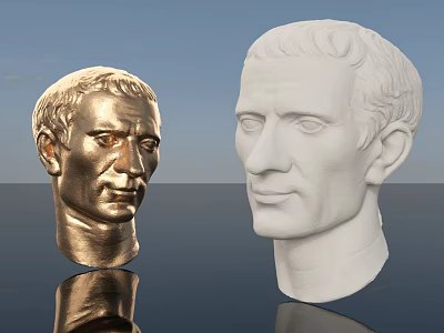 Golden And White Human Head Sculpture Carving With Reflections Against Blue Sky 3d model