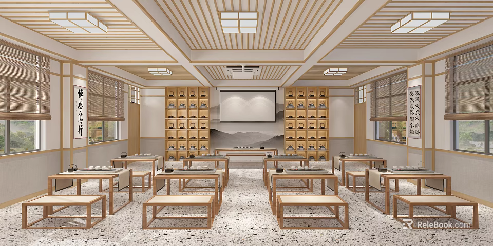 School Traditional Learning Classroom Interior With Wooden Bookshelves Projection Screen And Neatly Arranged Long Tables Benches 3d model 