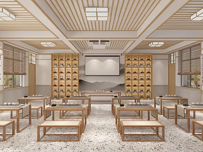 School Traditional Learning Classroom Interior With Wooden Bookshelves Projection Screen And Neatly Arranged Long Tables Benches 3d model