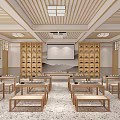 School Traditional Learning Classroom Interior With Wooden Bookshelves Projection Screen And Neatly Arranged Long Tables Benches