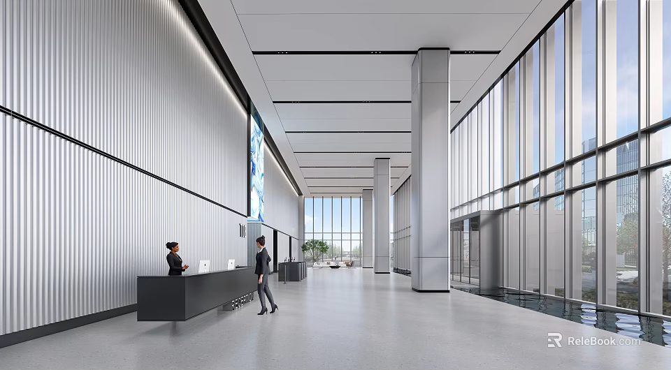 Modern Reception Lobby Interior With Reception Desk And Professional Receptionist Staff 3d model