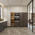 Modern Kitchen Interior With Glass Doors White Dark Gray Cabinets And Marble Countertop