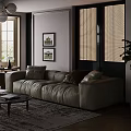 Beige Multi Seater Sofa With Brown Cushions Framed Paintings Rattan Walls And Coffee Table