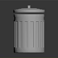 Silver Metal Trash Can With Lid And Vertical Stripes On Dark Reflective Surface