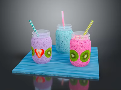 Colorful Fruit Mason Jar Drinks with Strawberry Kiwi Slices and Straws on Blue Tray 3d model