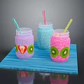Colorful Fruit Mason Jar Drinks with Strawberry Kiwi Slices and Straws on Blue Tray