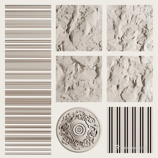 Vertical Stripes With Textured Wall Patterns Circular Ornament And Black Vertical Lines 3d model 
