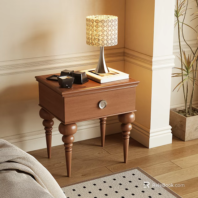 Wooden Bedside Table with Drawer and Metal Knob Featuring Patterned Lamp Books and Small Items 3d model 
