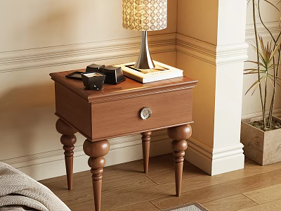 Wooden Bedside Table with Drawer and Metal Knob Featuring Patterned Lamp Books and Small Items 3d model