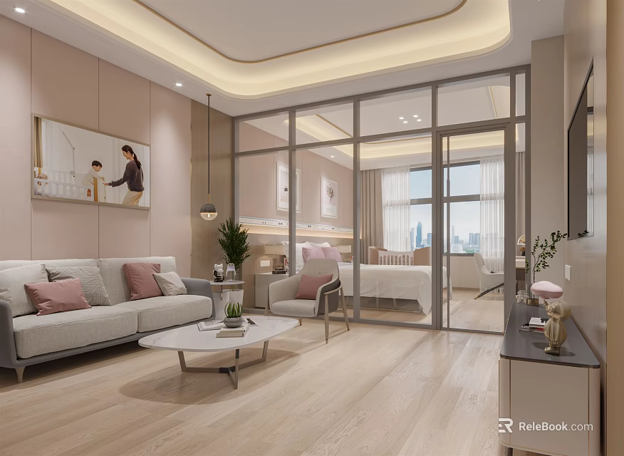 Modern Living Room And Bedroom Open Space With Sofa Coffee Table And Glass Door 3d model 