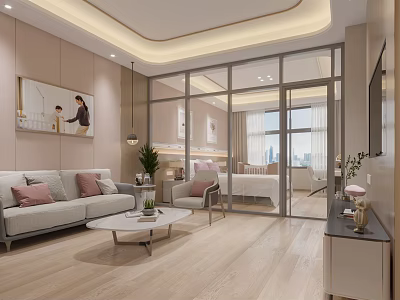 Modern Living Room And Bedroom Open Space With Sofa Coffee Table And Glass Door 3d model